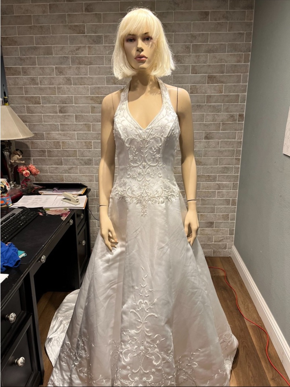 White Embroidered Halter Wedding Dress